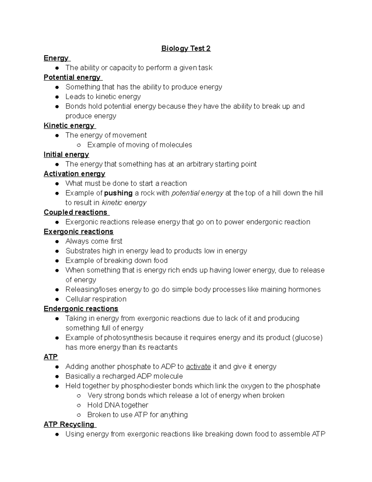 Biology Test 2 Review Sheet Biology Test 2 Energy The ability or