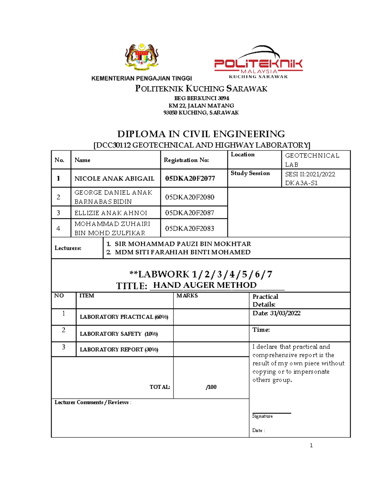 Hand Auger Method Laboratory Report POLITEKNIK KUCHING SARAWAK BEG