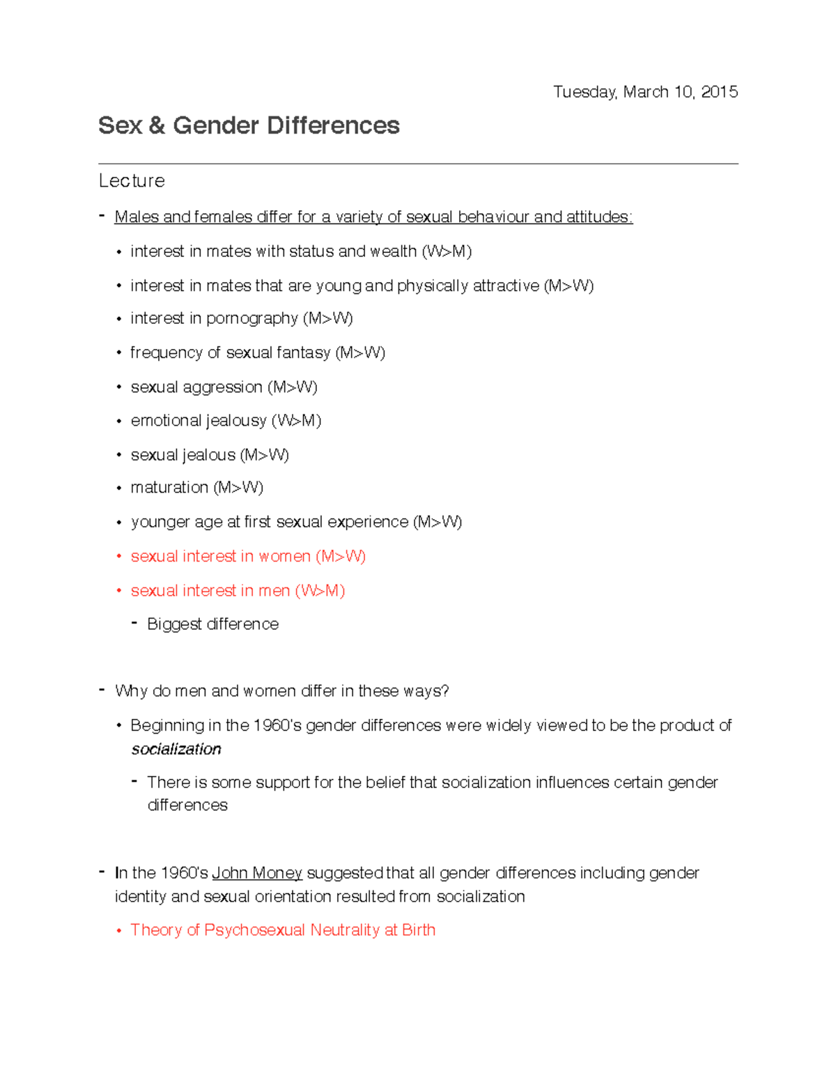 Lecture 7 Notes & Notes from Readings - Sex & Gender Differences ...