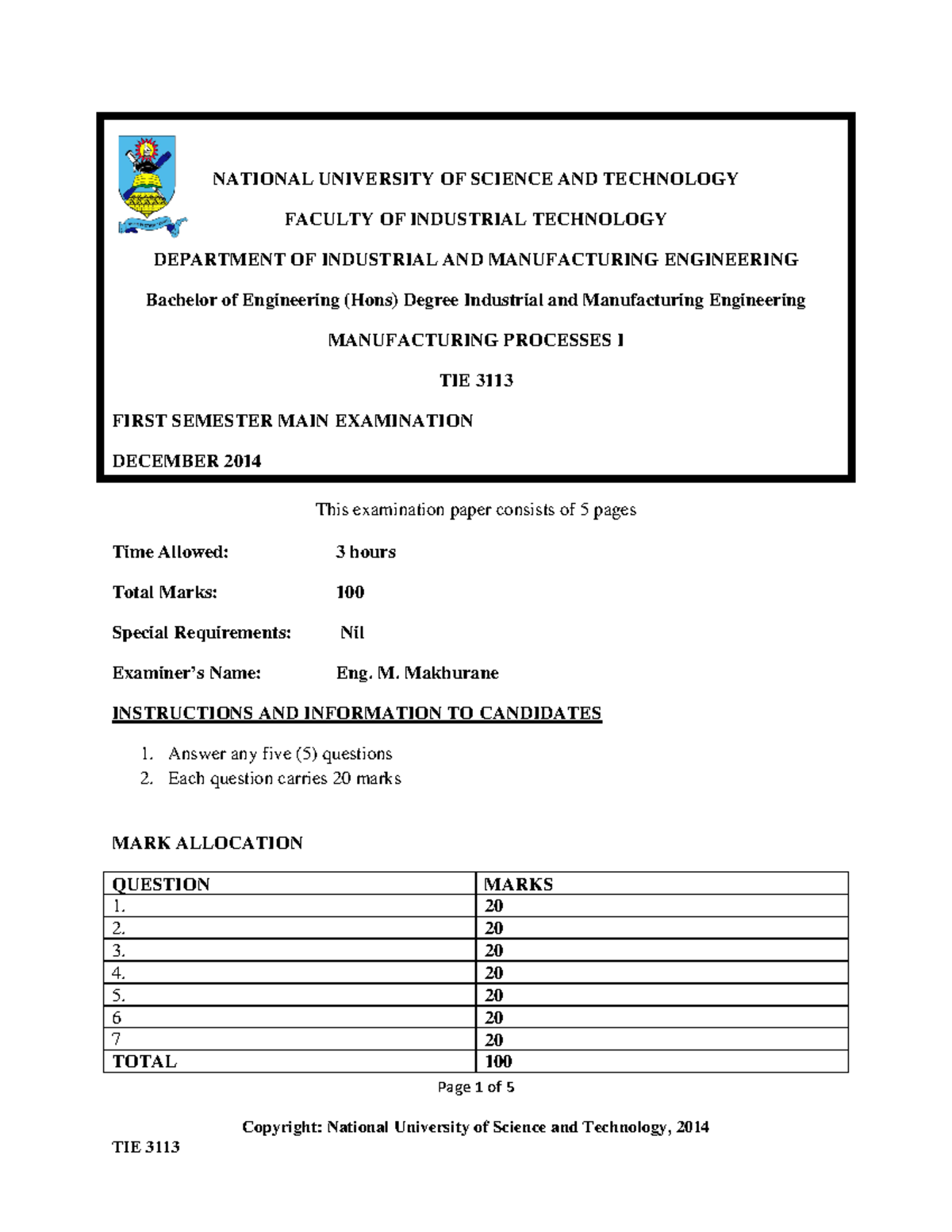 TIE31132014 12 Manufacturing Processes I - NATIONAL UNIVERSITY OF ...