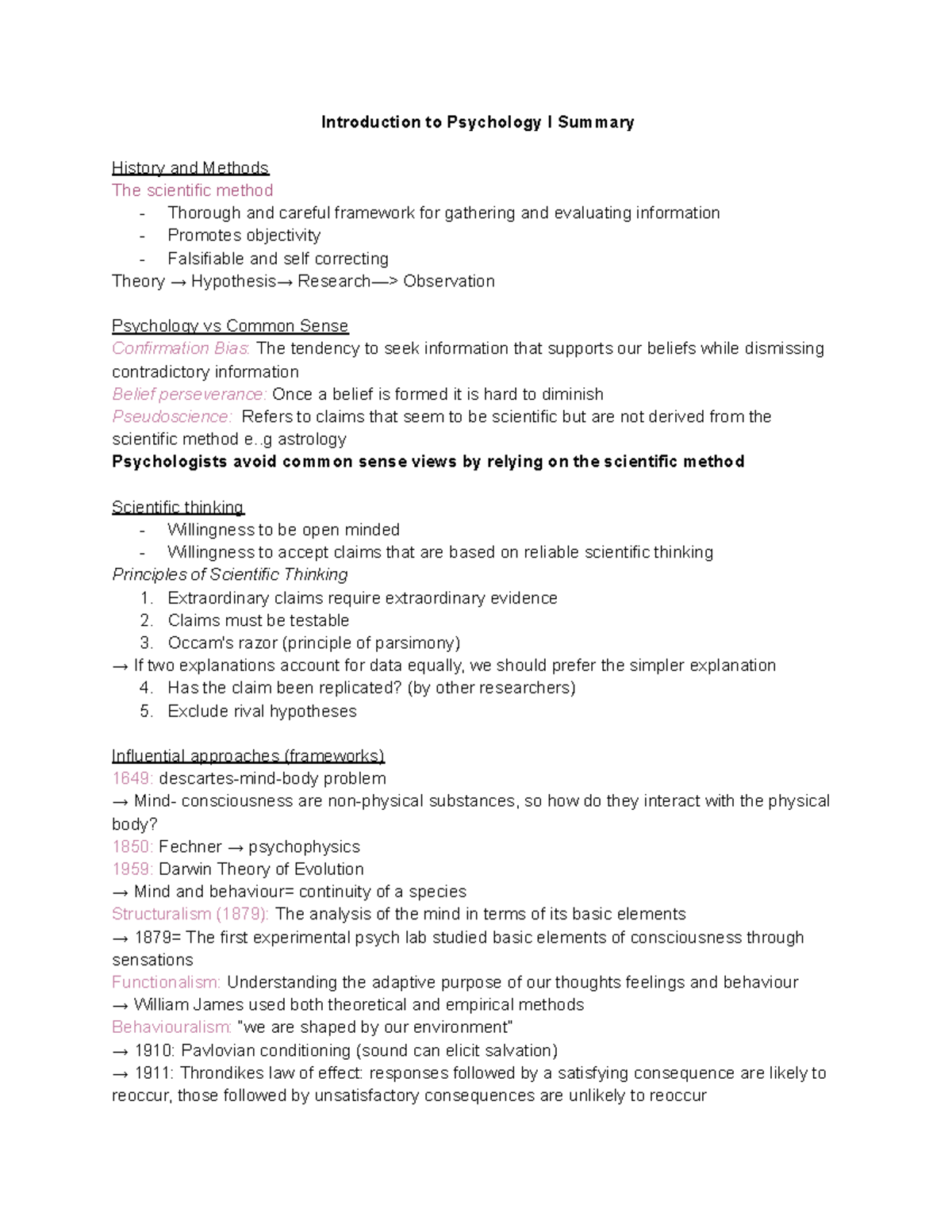 Psych summary - PYSU1101 sum - Introduction to Psychology I Summary ...
