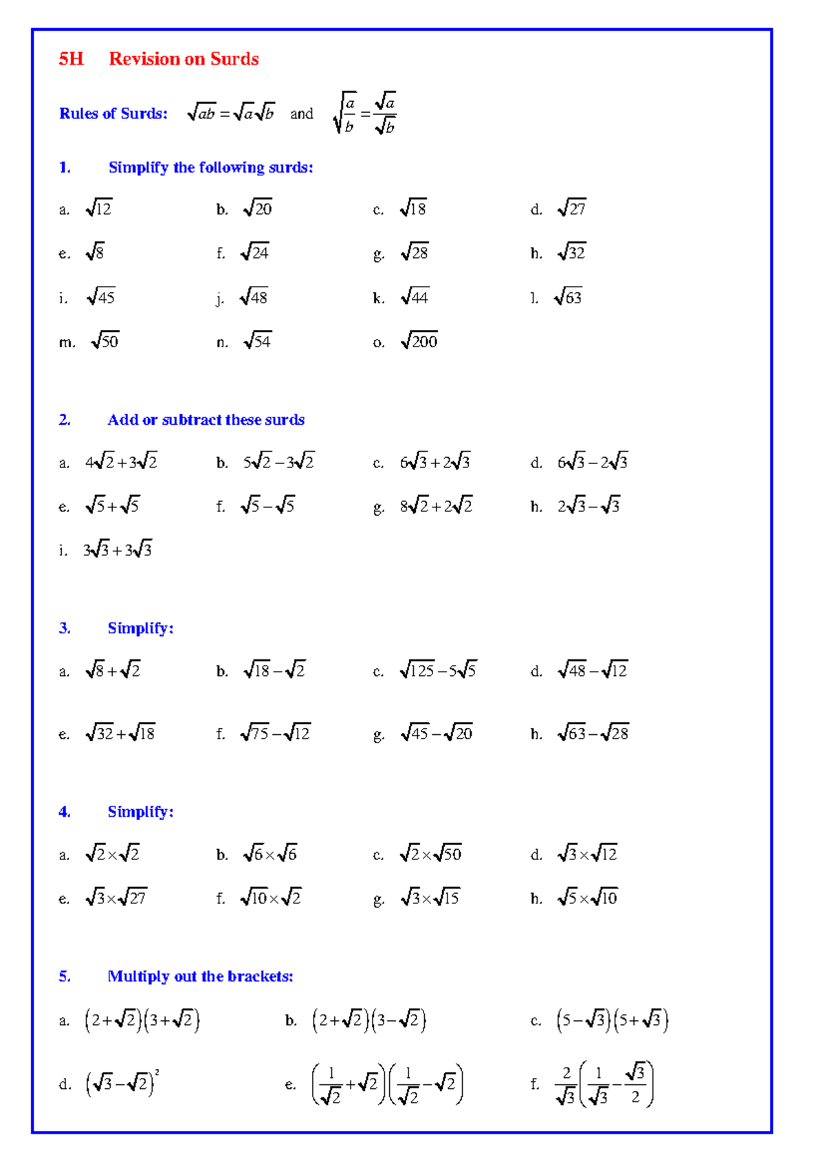 Worksheet-on-surds - Those who want to get expert in surds must do this ...