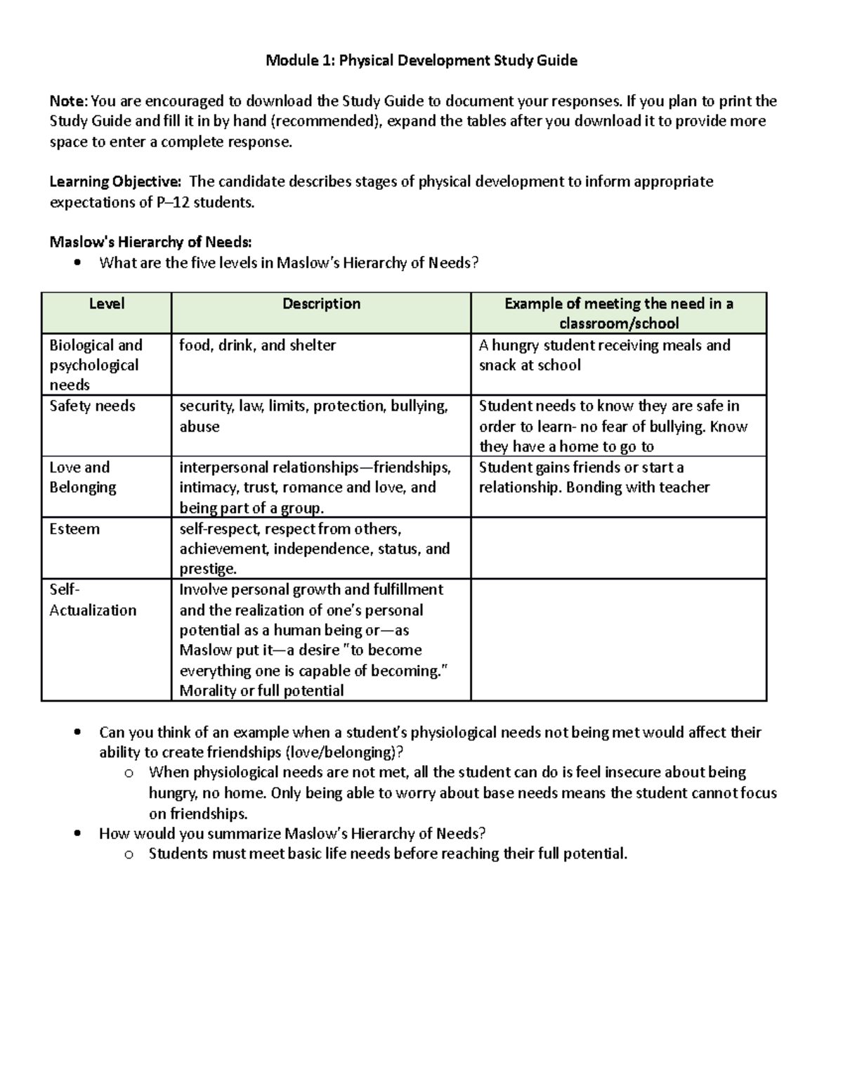 Module 1 Study Guide Revised - Module 1: Physical Development Study ...