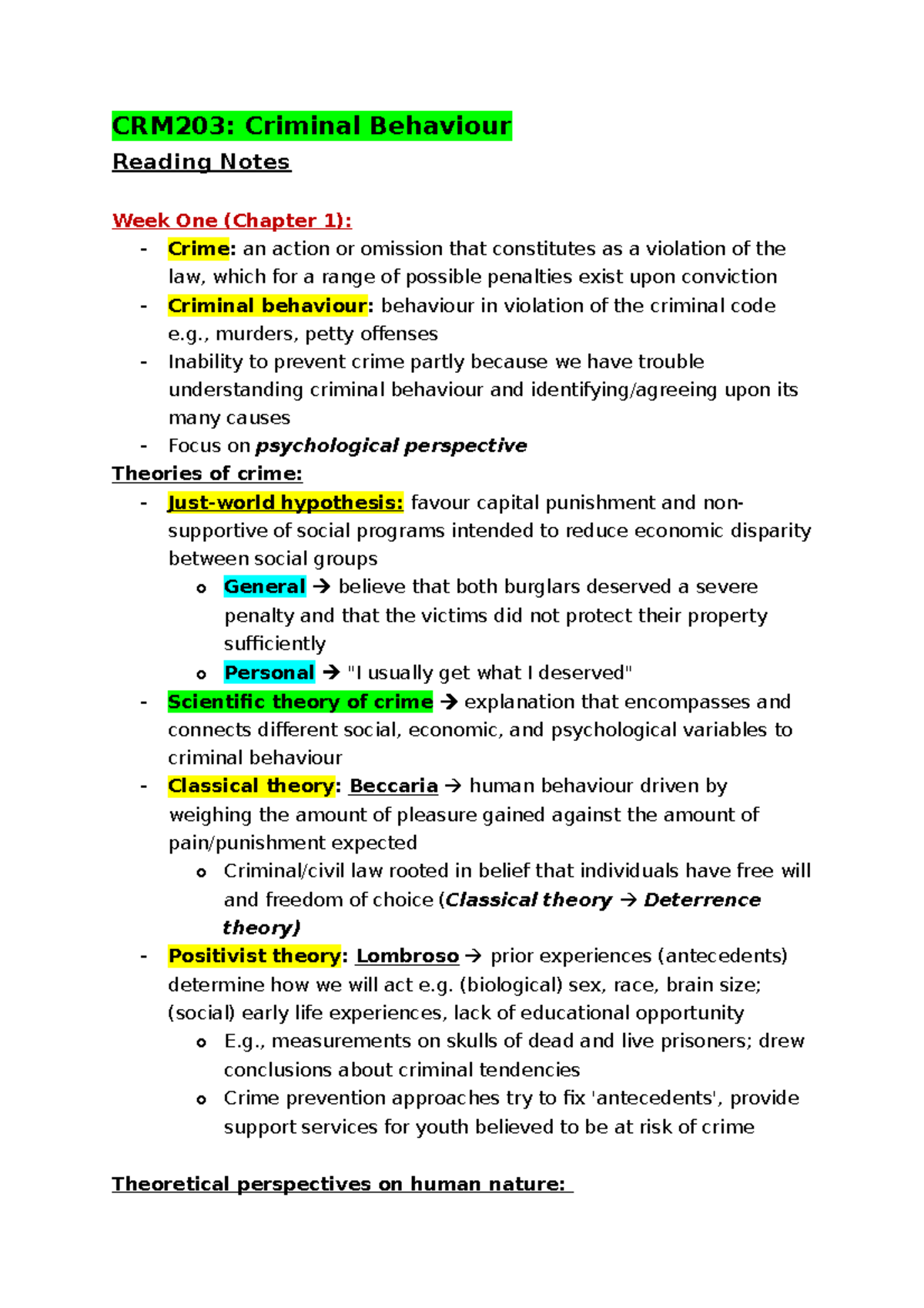 CRM203 Reading Notes - CRM203: Criminal Behaviour Reading Notes Week ...