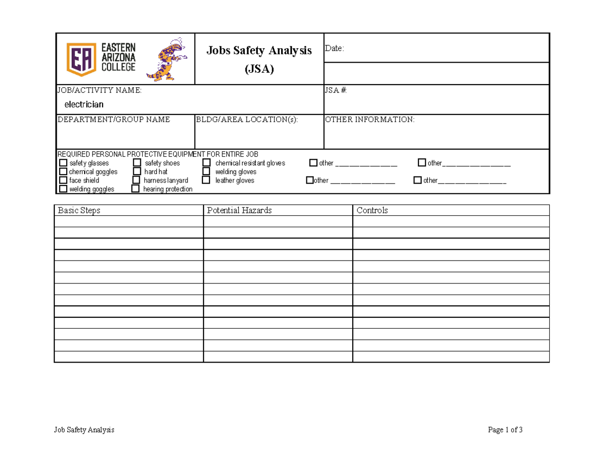 Job Safety Analysis - very good - Job Safety Analysis Page 1 of 3 Jobs ...