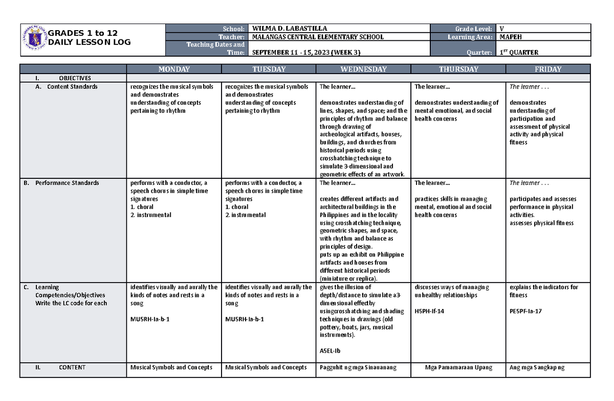 DLL Mapeh 5 Q1 W3 - 234567890- GRADES 1 to 12 DAILY LESSON LOG School ...