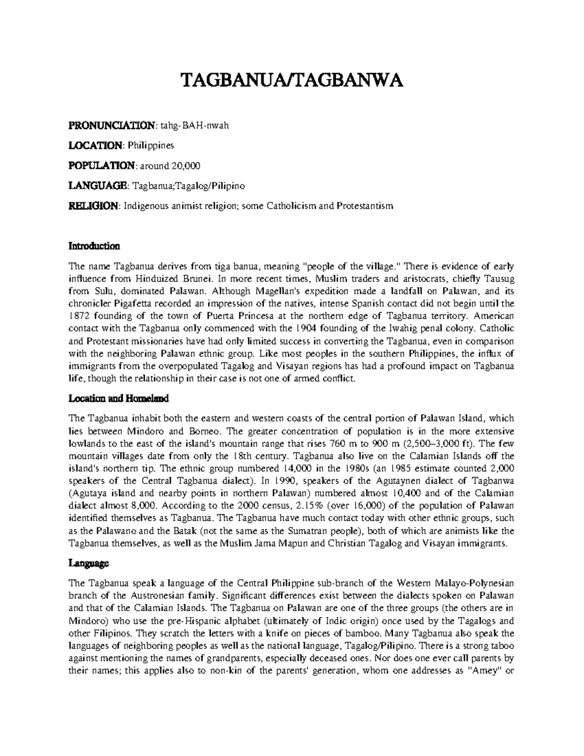 Handout for Indigenous - TAGBANUA/TAGBANWA PRONUNCIATION: tahg-BAH-nwah ...