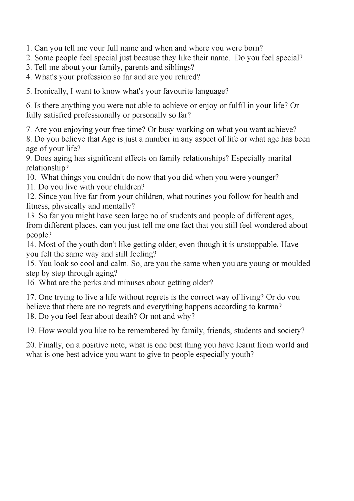 Questionnaire to interview an older adult - Activity - Can you tell me ...