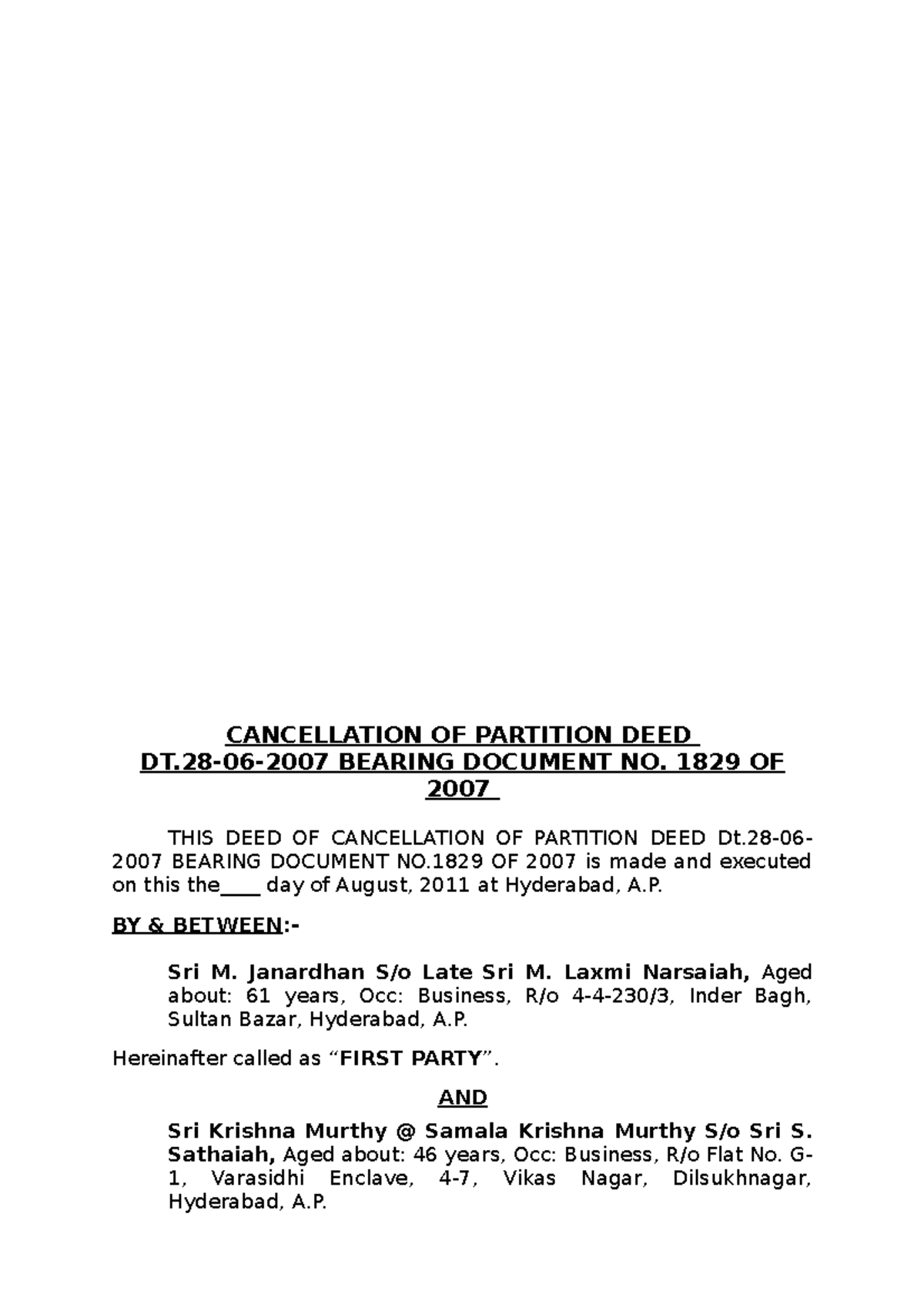 Cancellation OF Agreement OF SALE in contract law CANCELLATION OF