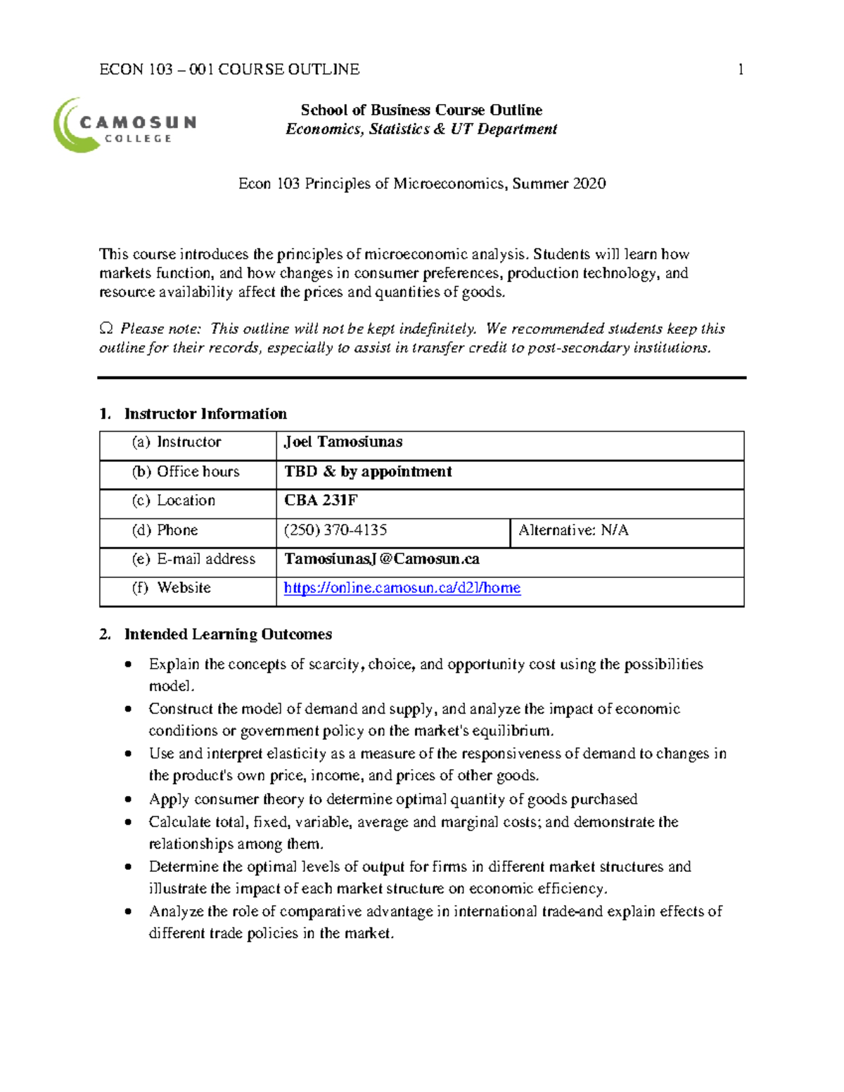 ECON 103 Principles of Microeconomics Course Outline - Studocu