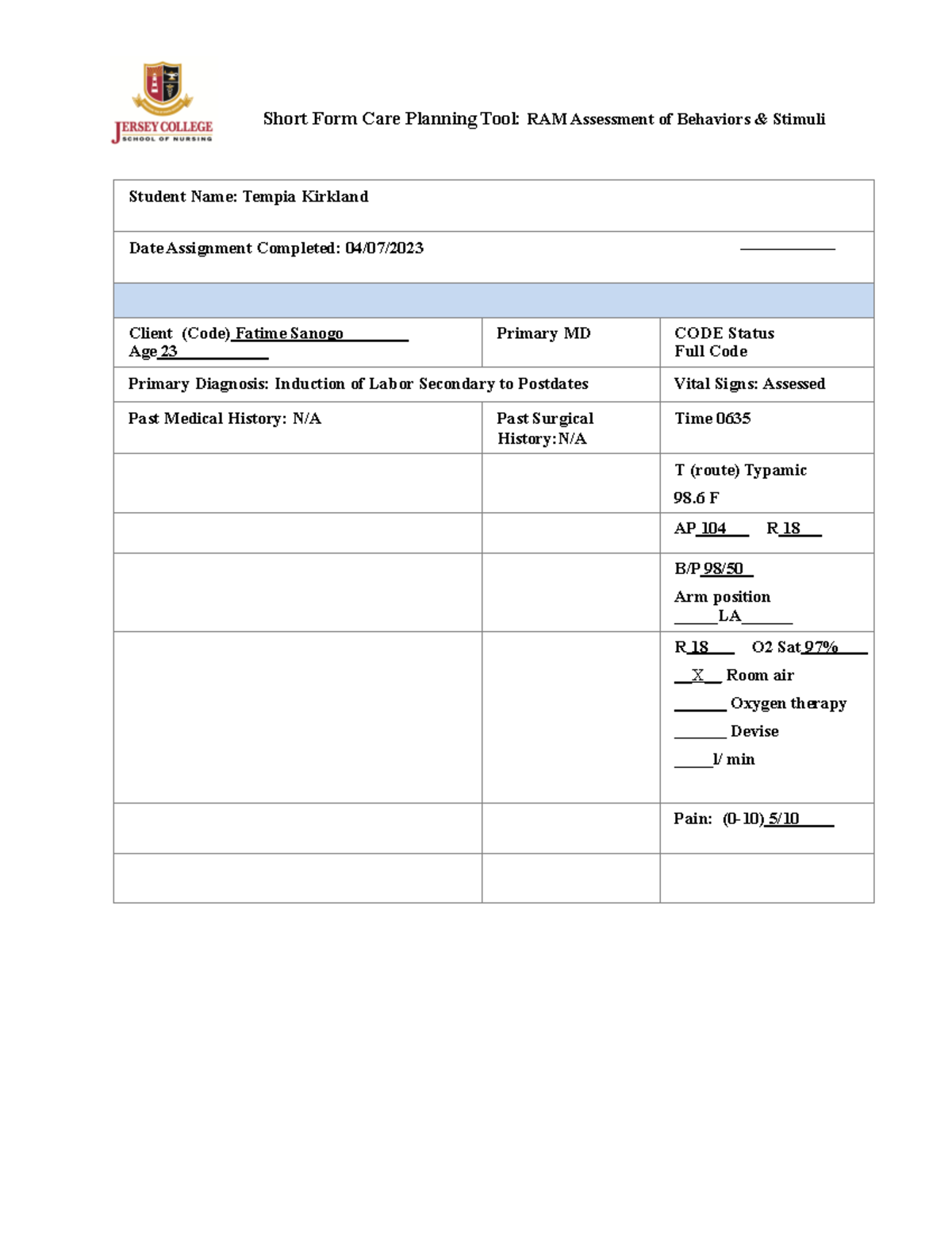 Fatime S Careplan Short Form Care Planning Tool Ram Assessment Of