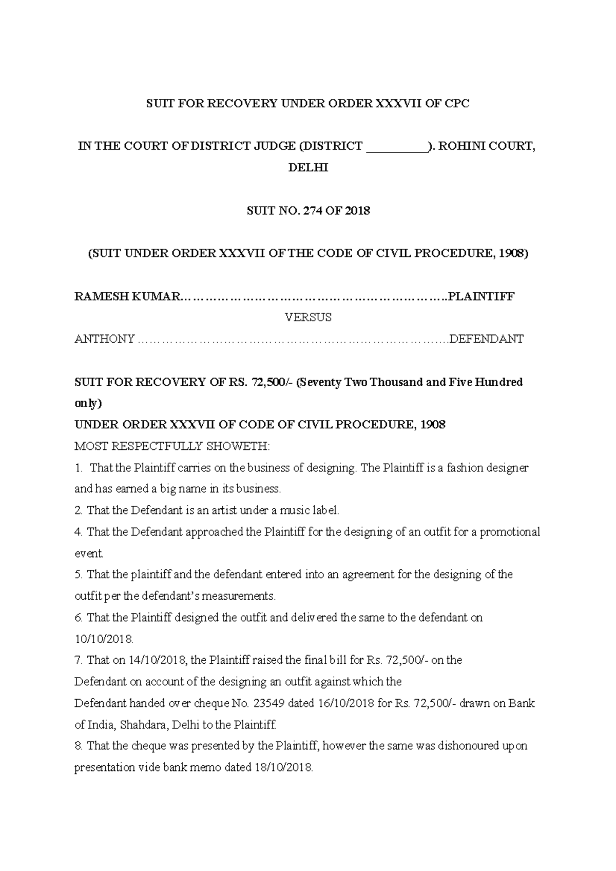 Suit For Recovery Under Order Xxxvii Of Cpc Suit For Recovery Under