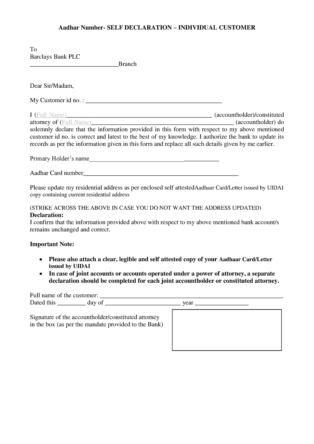 Declaration Format Aadhar - Aadhar Number- Self Declaration 