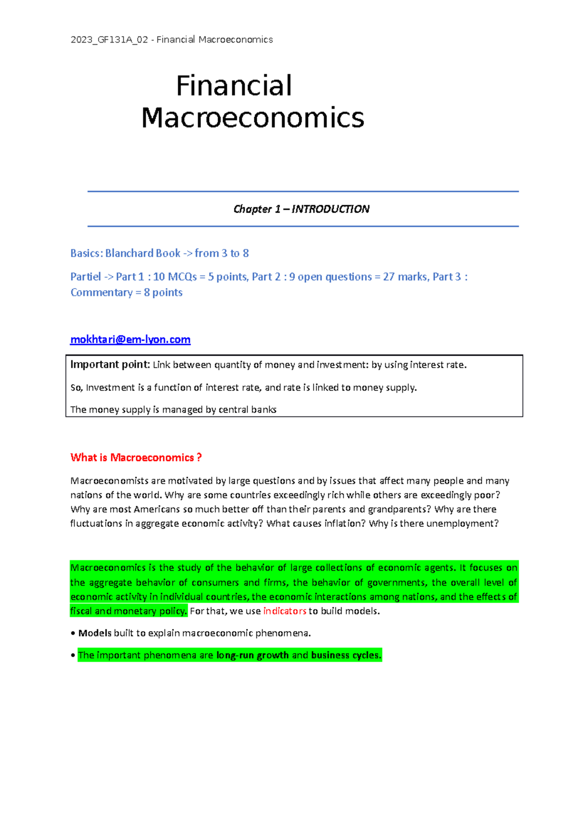 Financial Macro - Financial Macroeconomics Chapter 1 – INTRODUCTION ...