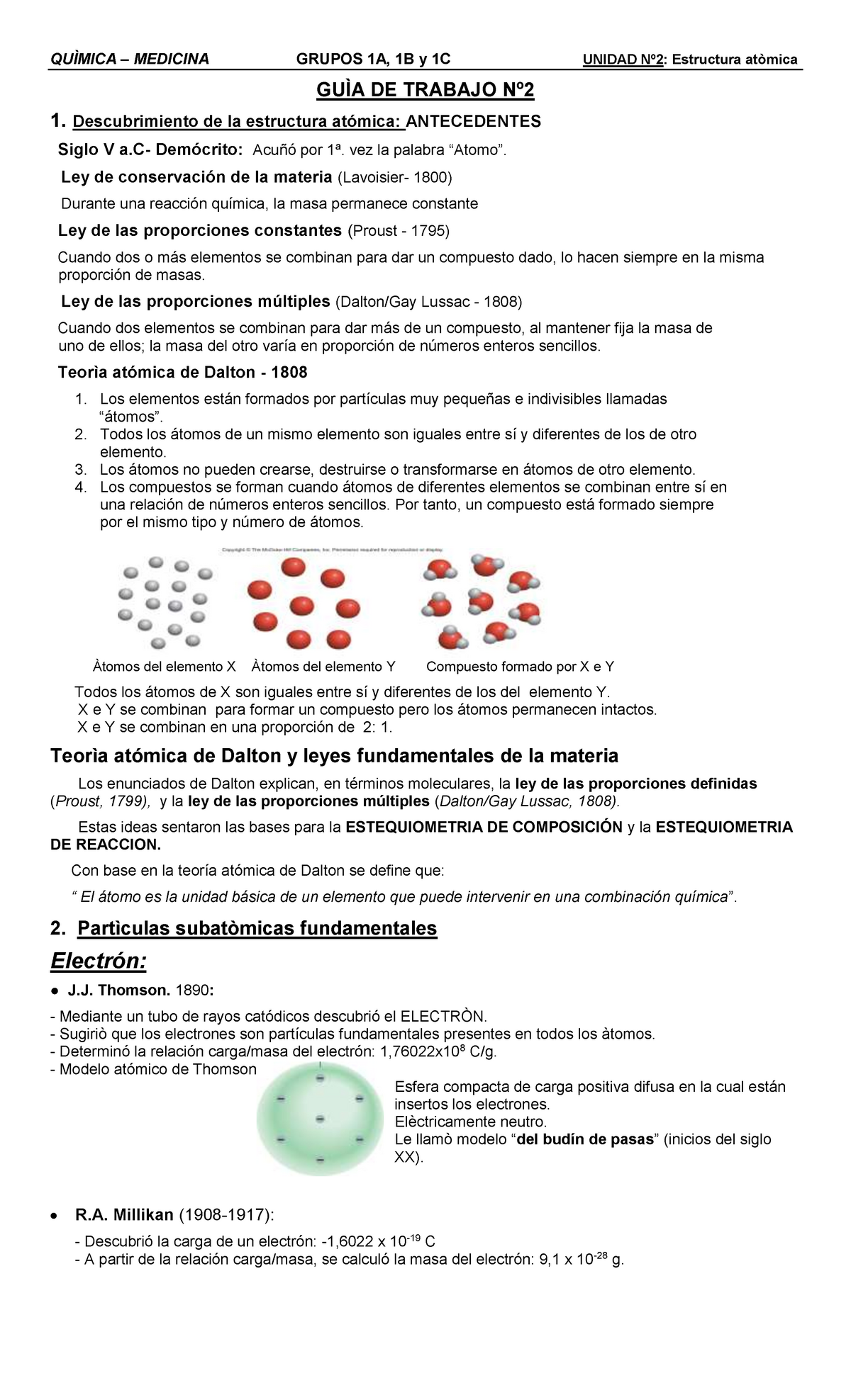 Guia De Trabajo Quimica QuÌmica Medicina Grupos 1a 1b Y 1c Unidad Nº2 Estructura Atòmica 3087