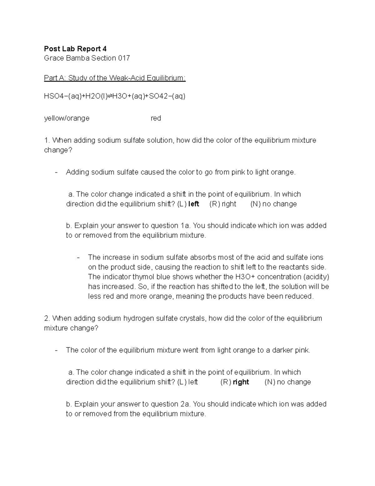 Post Lab Report 4 Equilibrium and Le Châtelier’s Principle Post Lab