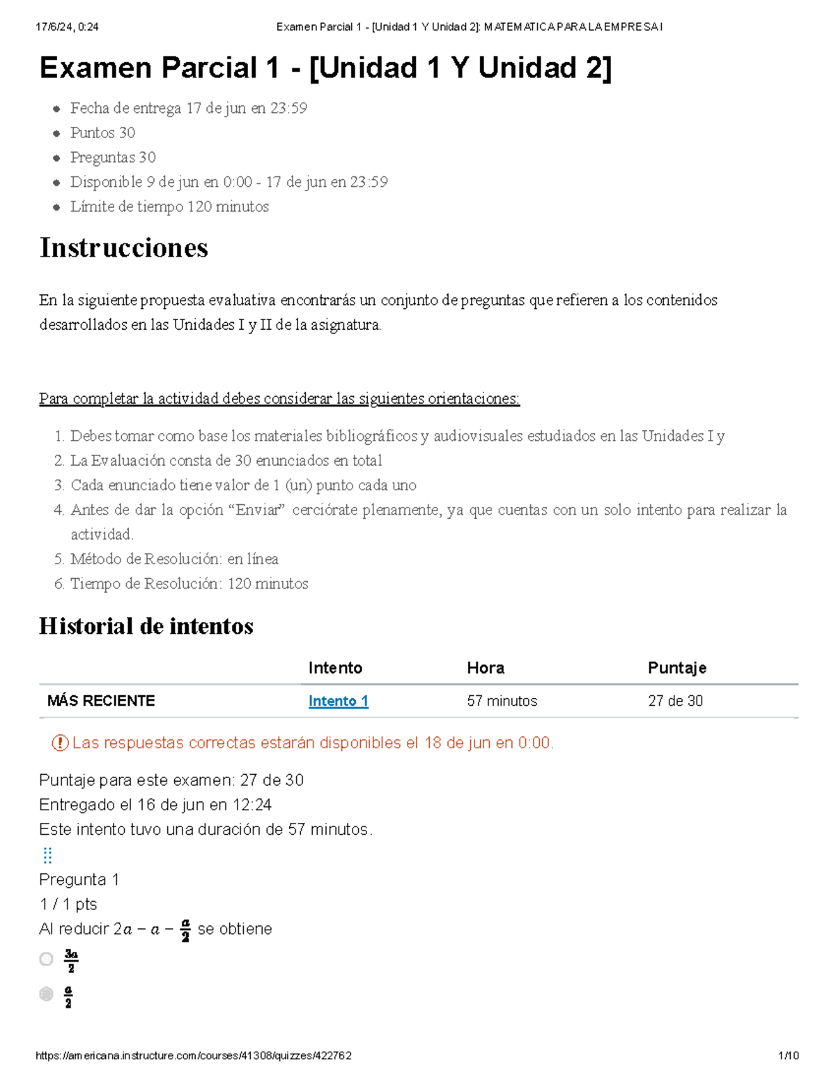 Examen Parcial 1 - [Unidad 1 Y Unidad 2] Matematica PARA LA Empresa I ...
