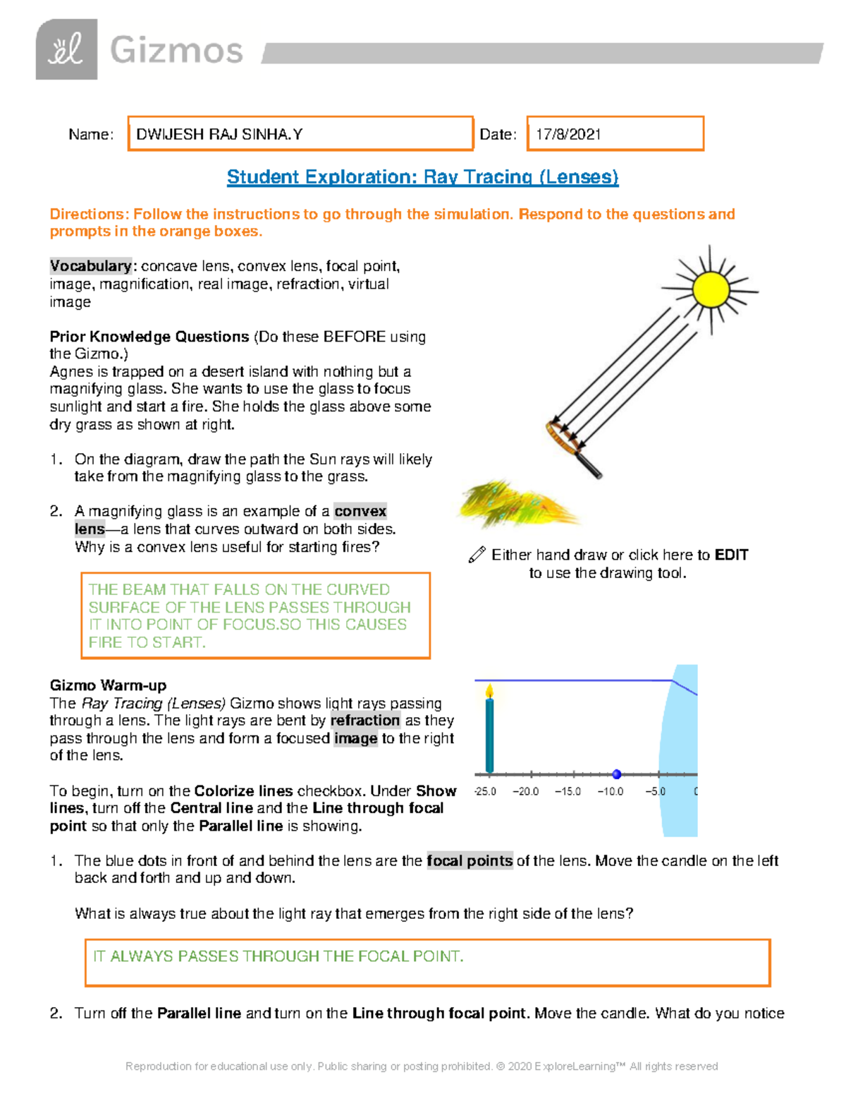 RAY Tracing LENS STUDENT EXPLORATION SHEET ANSWER KEY 20212022 Name DWIJESH RAJ SINHA Date