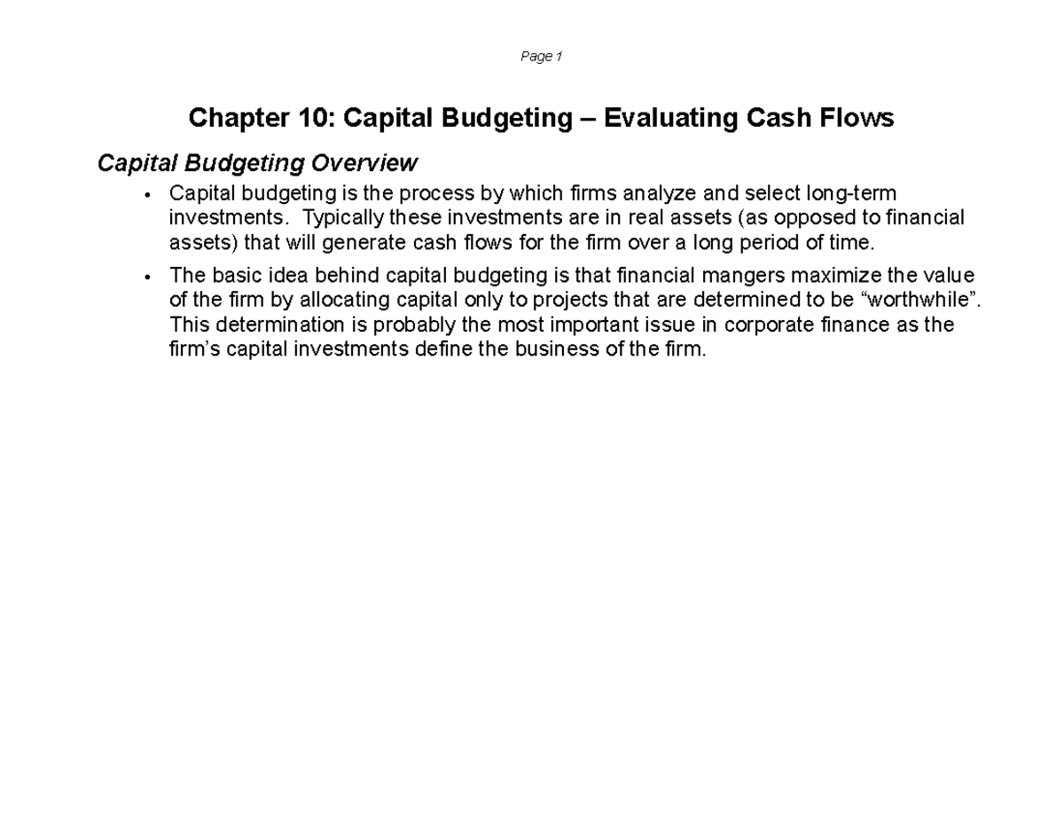 Chapter 10 lecture notes pdf version - Chapter 10: Capital Budgeting ...