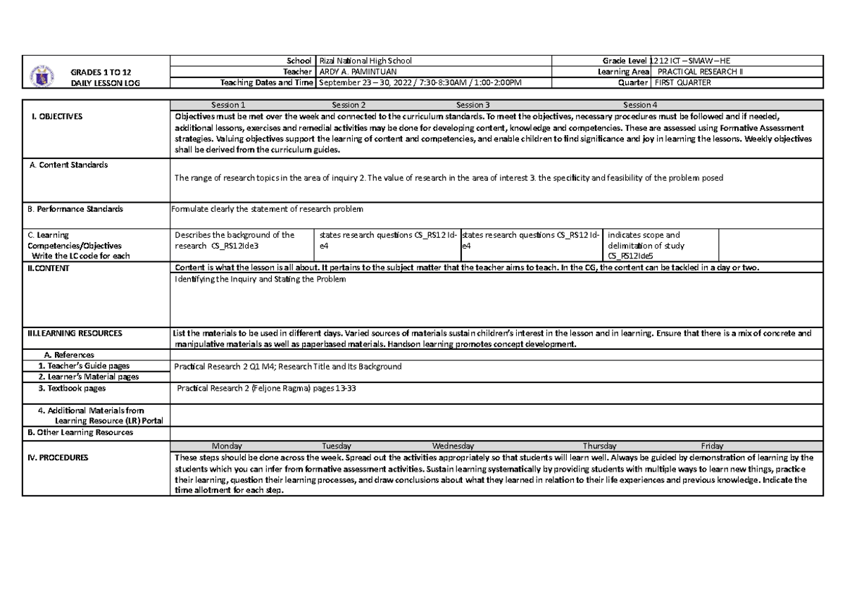 PR2 DLP SEPT. 19-23, 2022 - GRADES 1 TO 12 DAILY LESSON LOG School ...