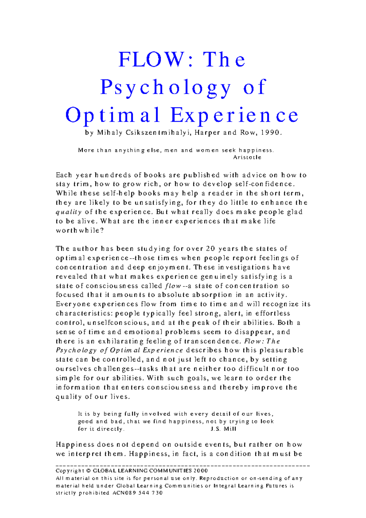 Flow the psychology of optimal experience - Copyright © GLOBAL LEARNING ...