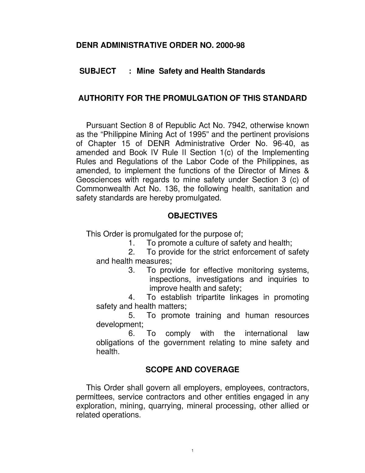 DAO 2000-98 - DENR - DENR ADMINISTRATIVE ORDER NO. 2000- SUBJECT : Mine ...