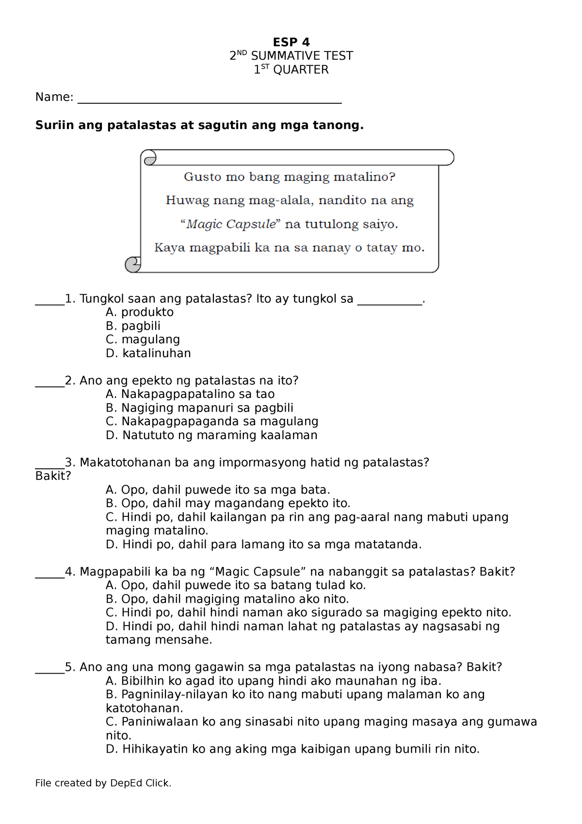 ESP4 ST2 Q1 - Quarterly Test - ESP 4 2 ND SUMMATIVE TEST 1 ST QUARTER ...