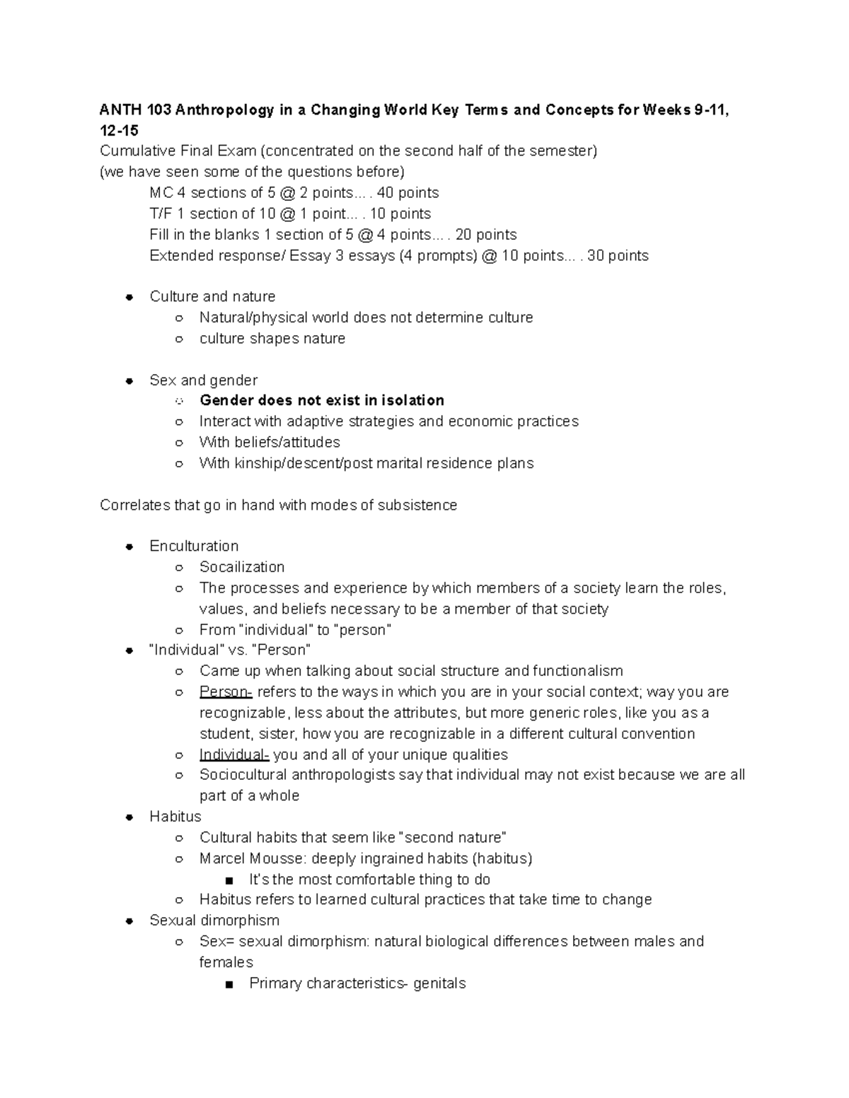 ANTH 103 Final Exam Study Guide - ANTH 103 Anthropology In A Changing ...