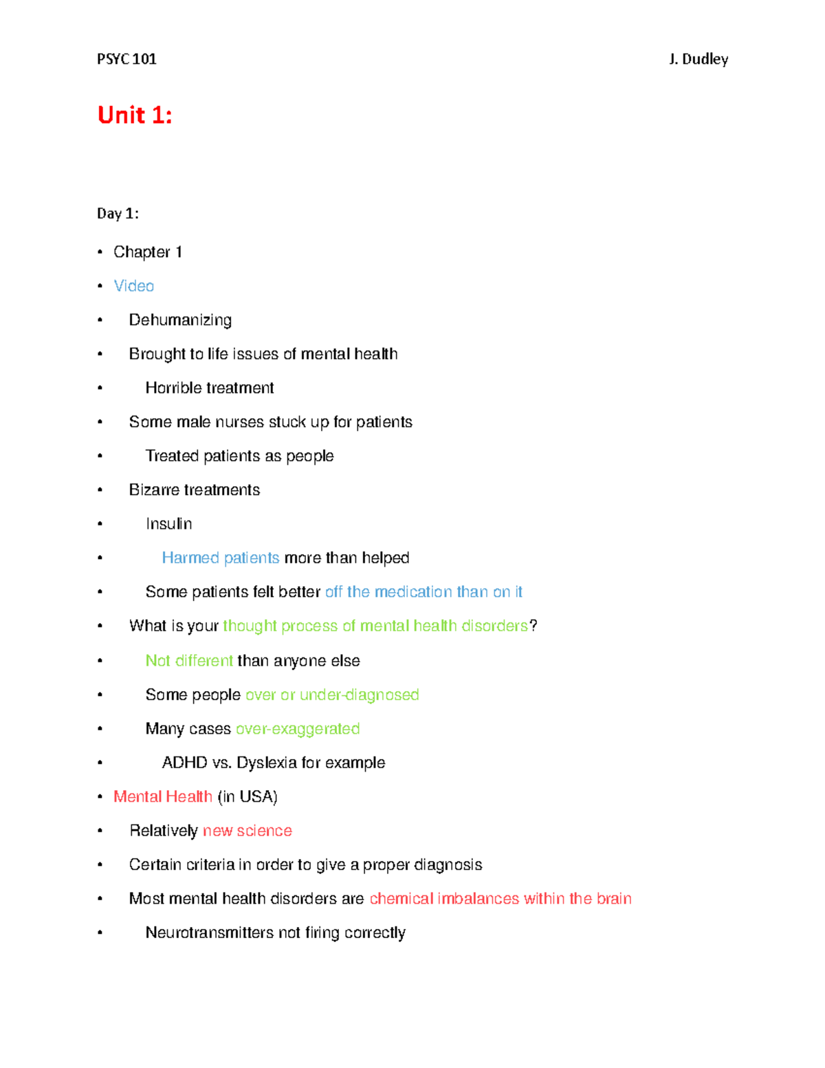 Unit 1 - Lecture notes 3 - PSYC 101 J. Dudley Unit 1: Day 1: • Chapter ...
