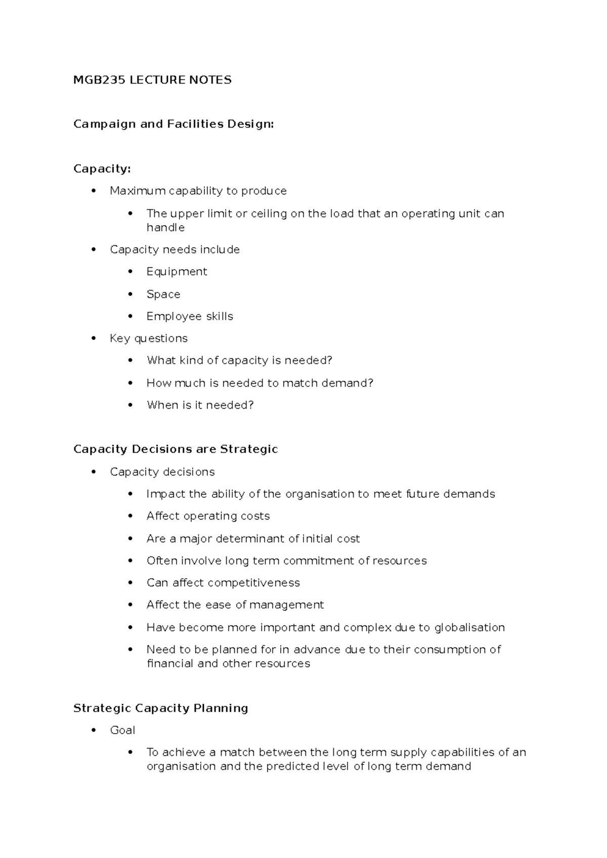 Notes - MGB235 LECTURE NOTES Campaign and Facilities Design: Capacity ...