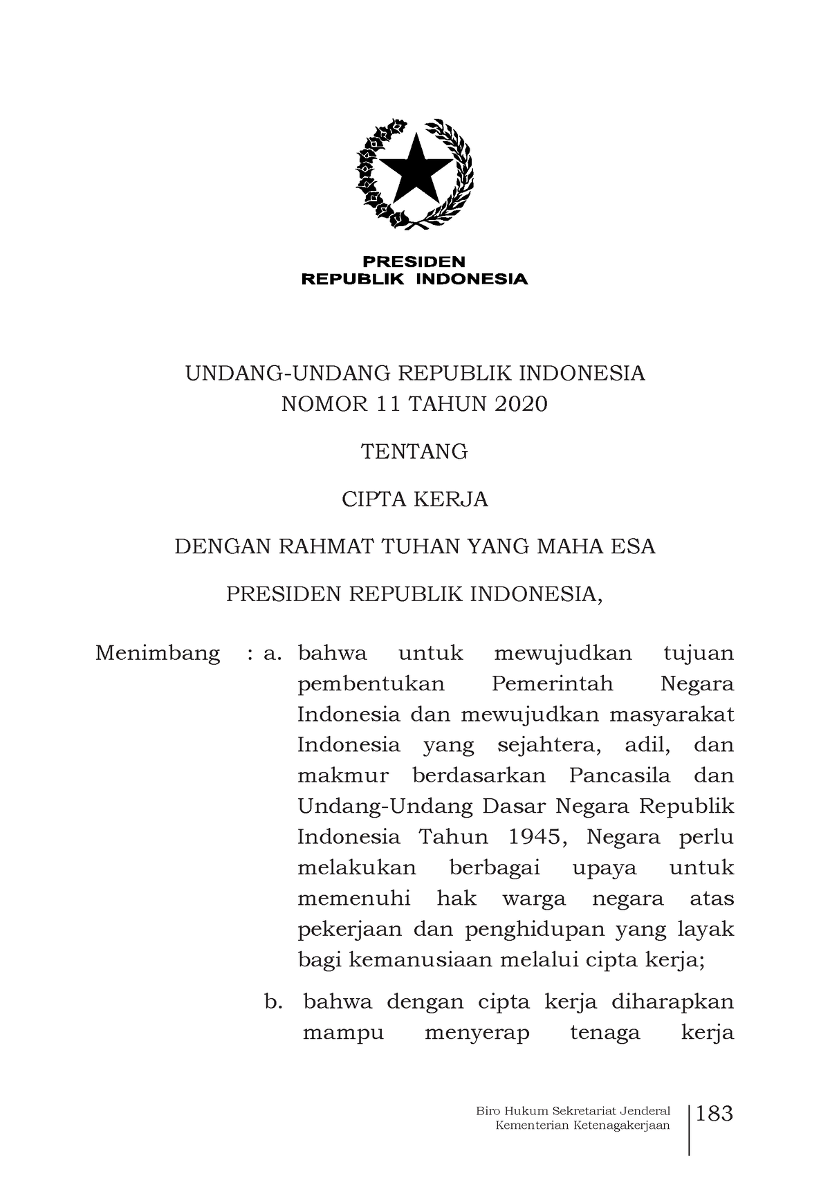 UU Cipta Kerja - UNDANG-UNDANG REPUBLIK INDONESIA NOMOR 11 TAHUN 2020 ...