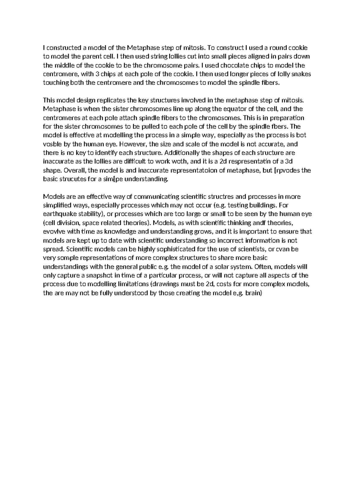 Models bio - I constructed a model of the Metaphase step of mitosis. To ...