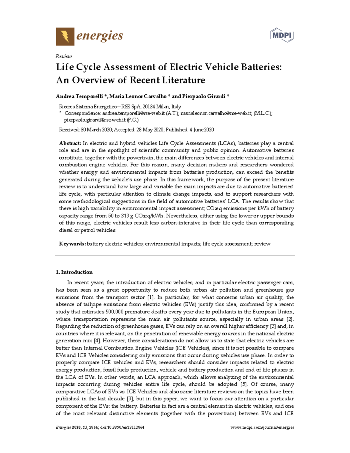 Life Cycle Assessment Of Electric Vehicle Batterie - Energies 2020 , 13 ...