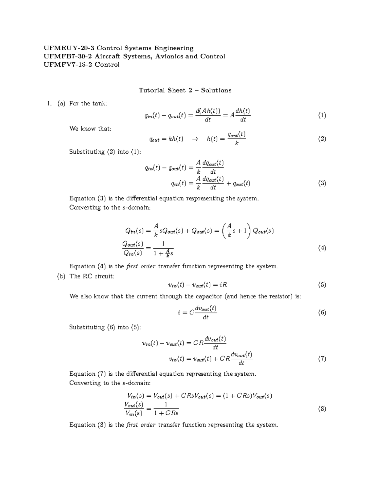 Tutorial Sheet 2 - Solutions - UFMEUY-20-3 Control Systems Engineering ...