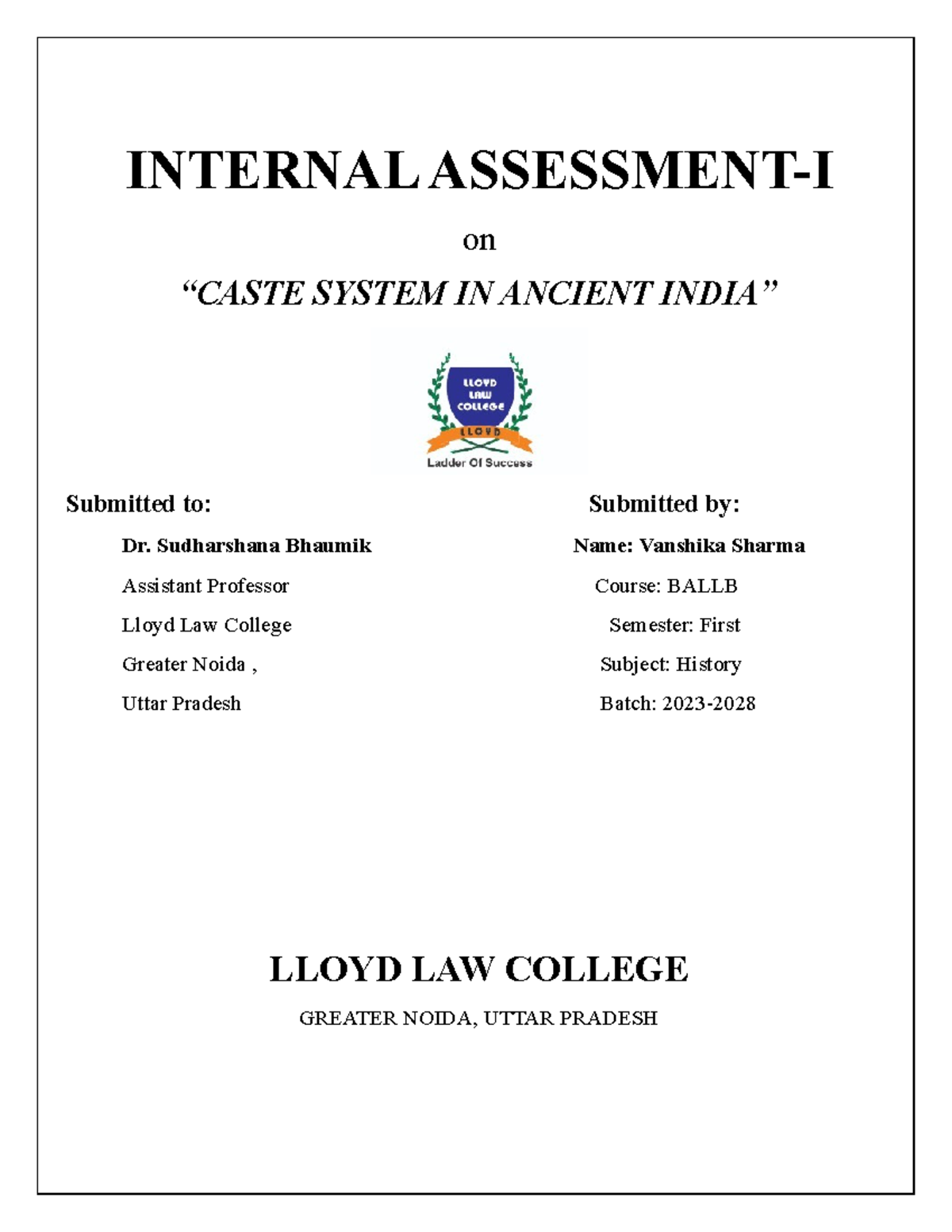 Caste System IN Ancient India - INTERNAL ASSESSMENT-I on “CASTE SYSTEM ...