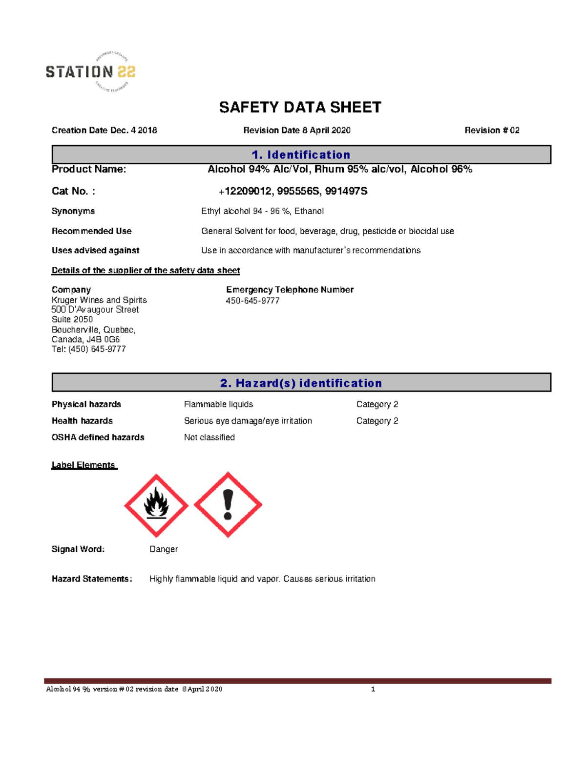 Sds Alcohol 94 Rhum 95 Alcohol 96 Safety Data Sheet Creation Date Dec 4 2018 Revision Date 8 9832