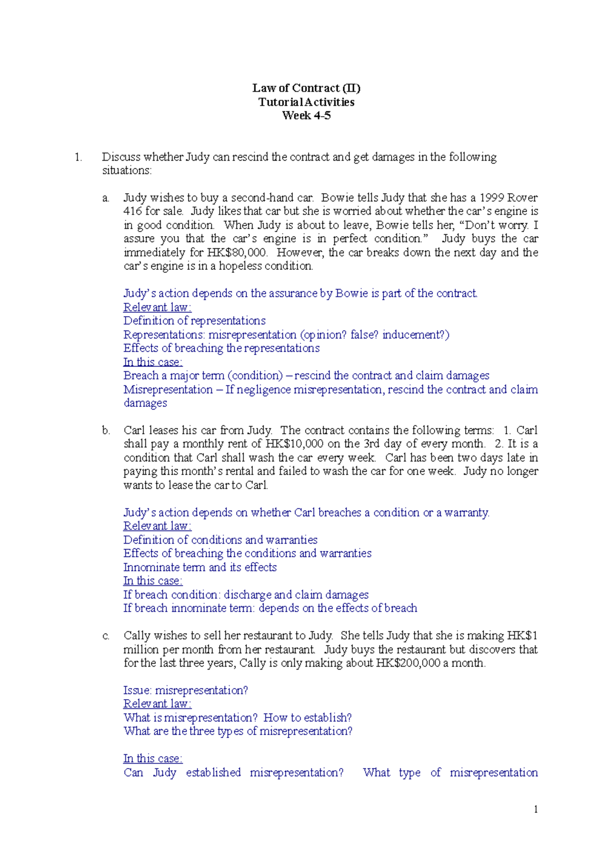 Bus210 Contract Tut02 Ans Law Of Contract Ii Tutorial Activities Week 4 Discuss Whether Judy Studocu