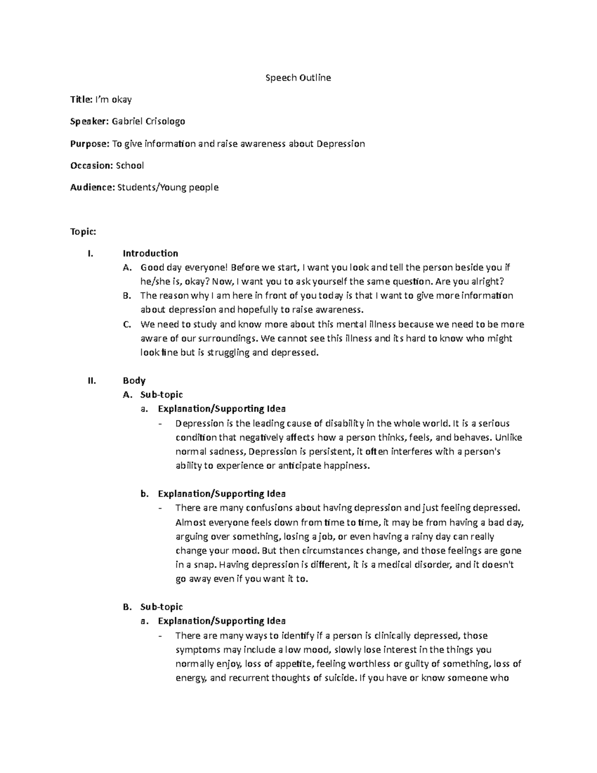 Speech-Manuscript - Martha Batumbakal - Speech Outline Title: I’m okay ...