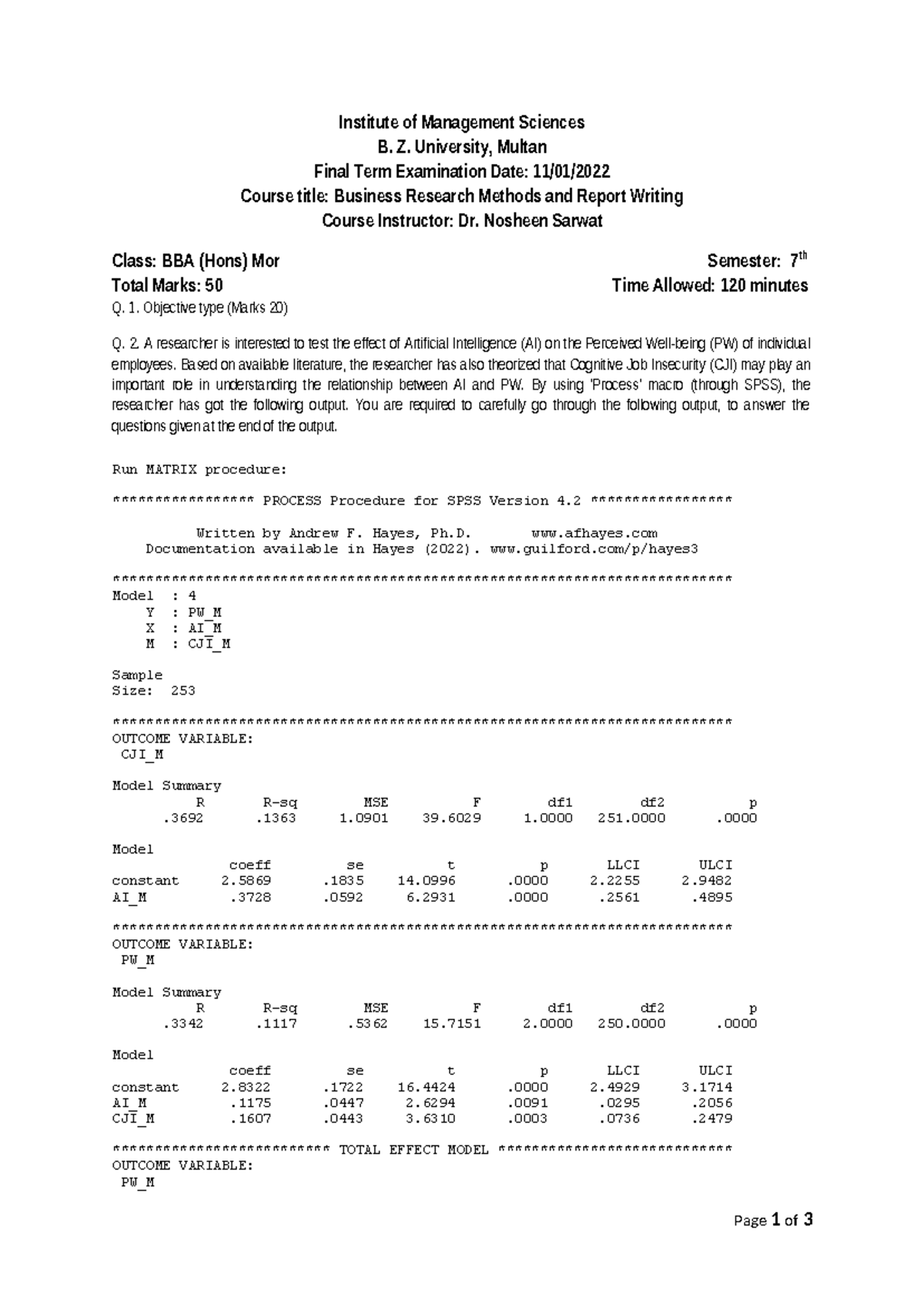 Brm mor final paper 2021 - Institute of Management Sciences B. Z ...