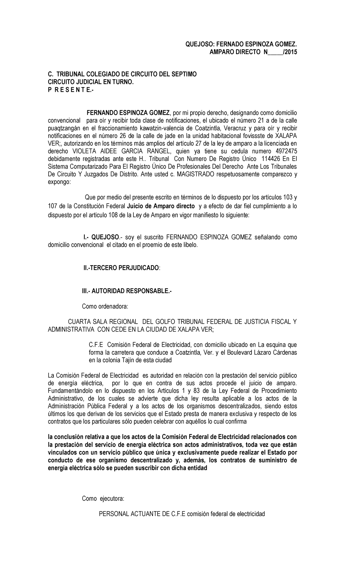 Amparo Directo Vs. CFE - QUEJOSO: FERNADO ESPINOZA GOMEZ. AMPARO ...