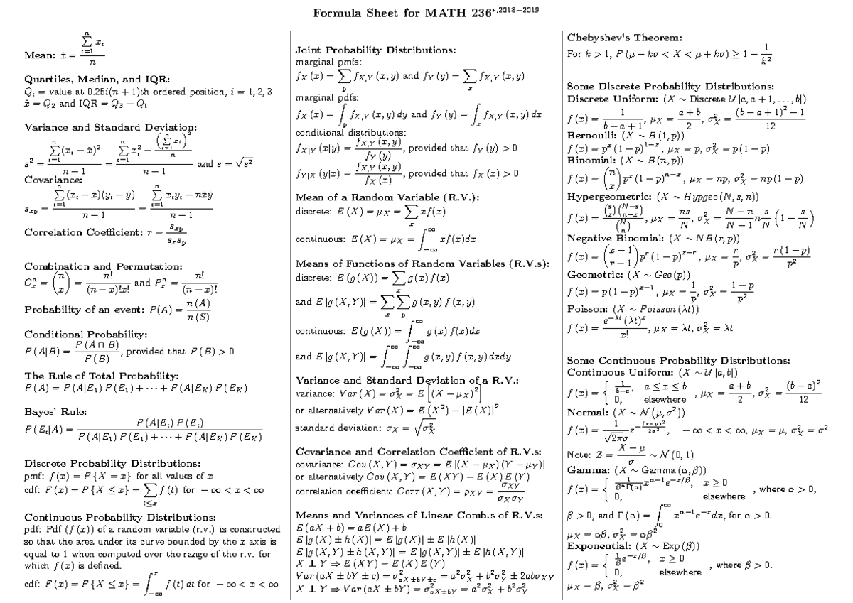 Formula-sheet-Math236 - Formula Sheet for MATH 236∗, 2018 − 2019 Mean ...