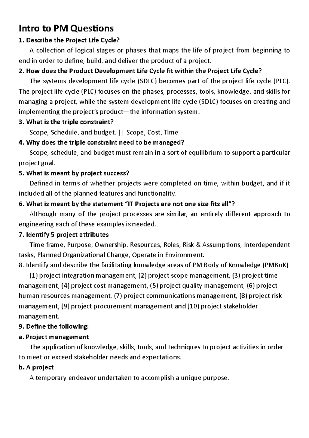 Final exam 5 October 2017, questions and answers - Intro to PM ...