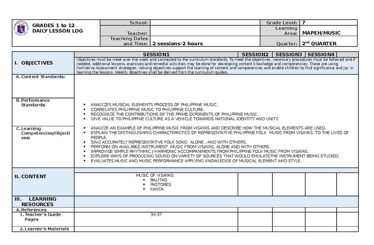 G7 DLL Mapeh Music Q2 - FOR REFERENCE - GRADES 1 to 12 DAILY LESSON LOG ...
