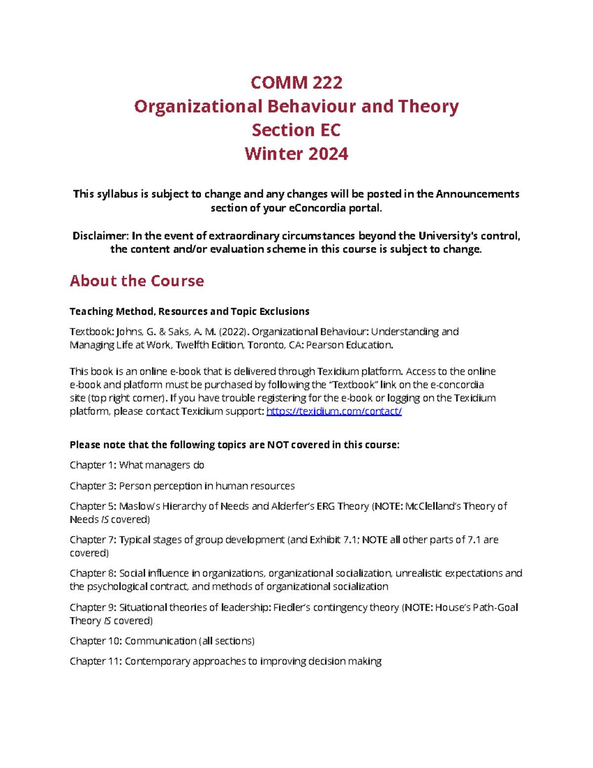 COMM 222 EC 2024 Winter Outline - COMM 222 Organizational Behaviour and ...