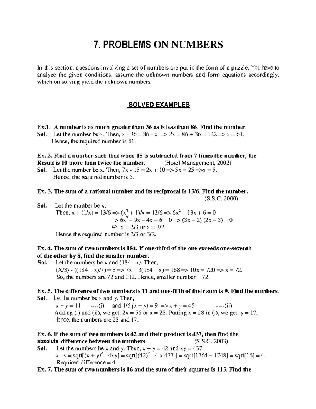 Problem on numbers and ages - 7. PROBLEMS ON NUMBERS In this section ...