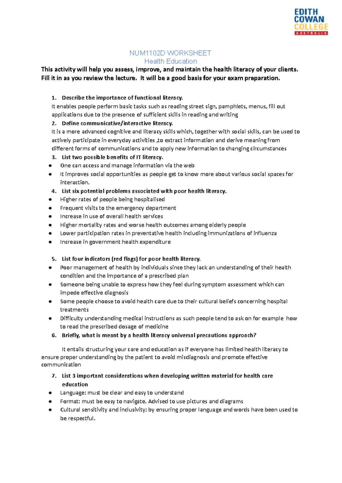 Worksheet W10 - vfrgtr - NUM1102D WORKSHEET Health Education This ...