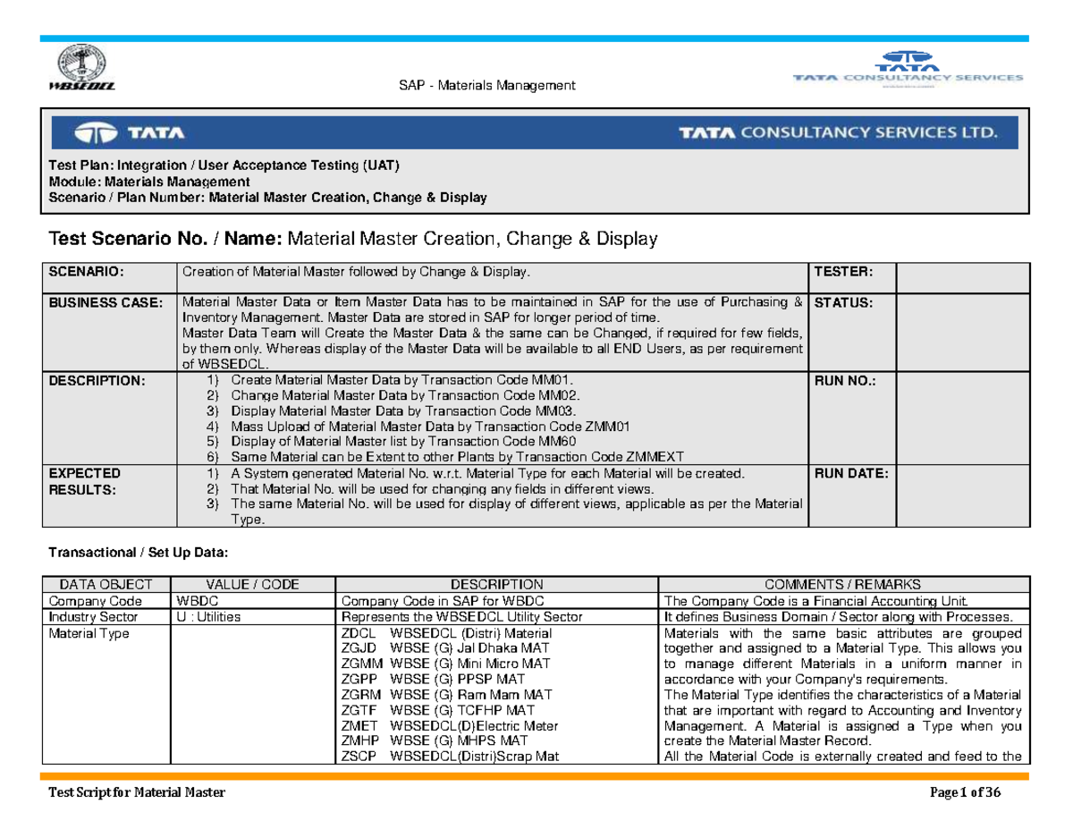 SAP Materials Management Test Script for - Test Plan: Integration ...