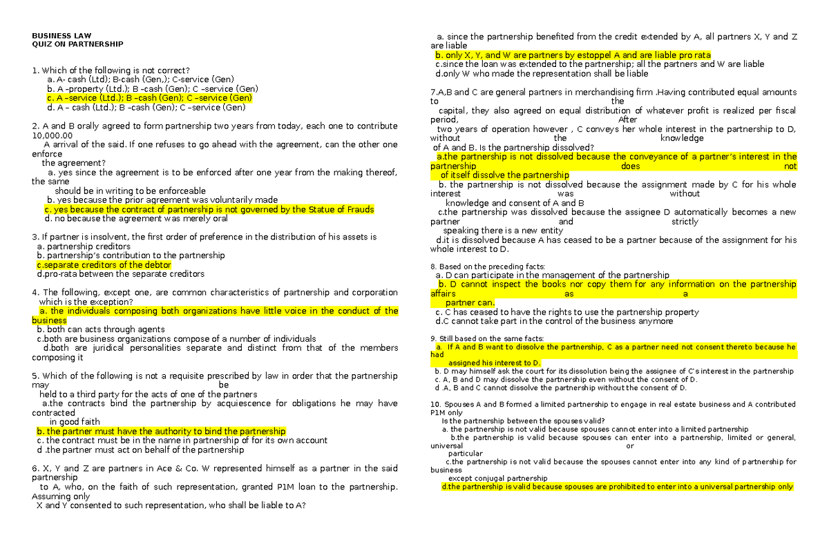 347387367 7 Partnership - BUSINESS LAW QUIZ ON PARTNERSHIP 1. Which Of ...