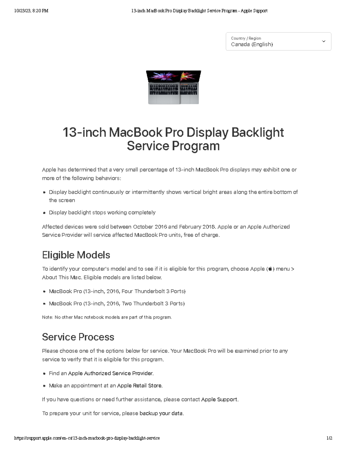 13inch Mac Book Pro Display Backlight Service Program Apple Support