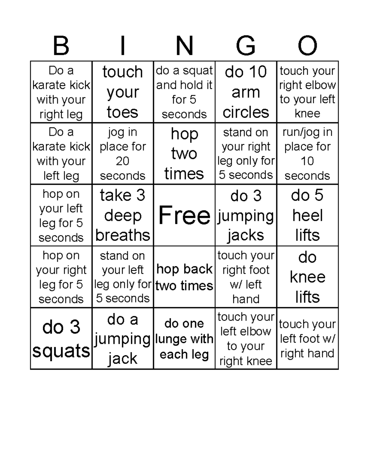 731972-BINGO activity - Do a karate kick with your right leg touch your ...